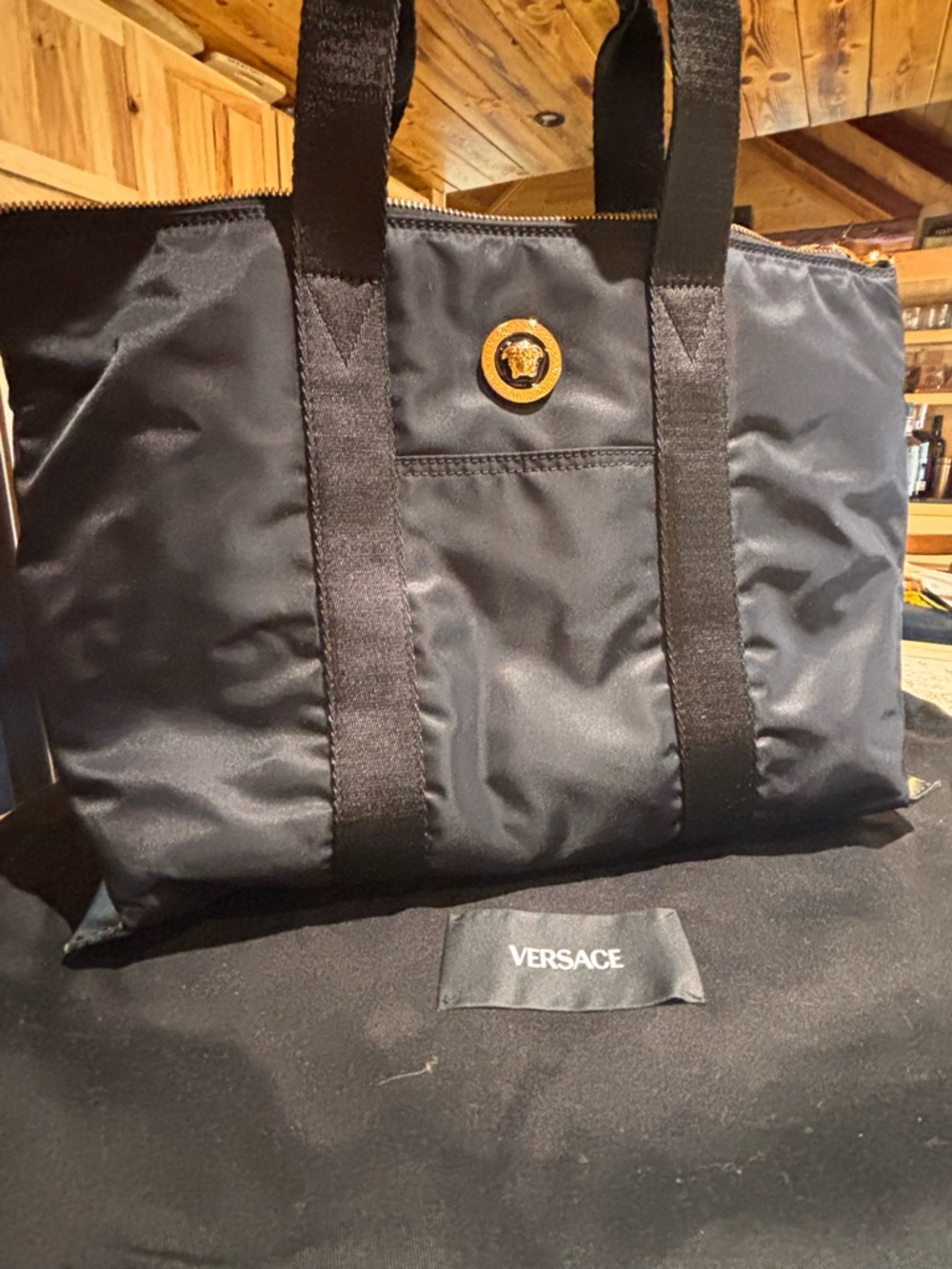 Versace Black Nylon Duffel Bag with Gold Medusa Accent